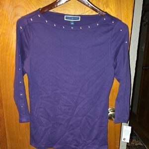 BNWT Karen Scott Dark Purple Long Sleeve Top with Stud Accents